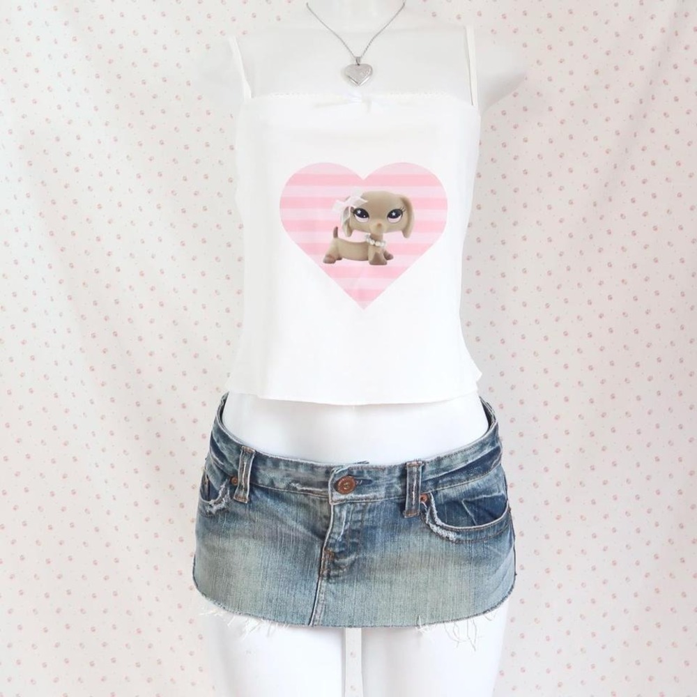 Y2K LPS Dachshund Cami Top White Ribbon Lace Heart Graphic Cami